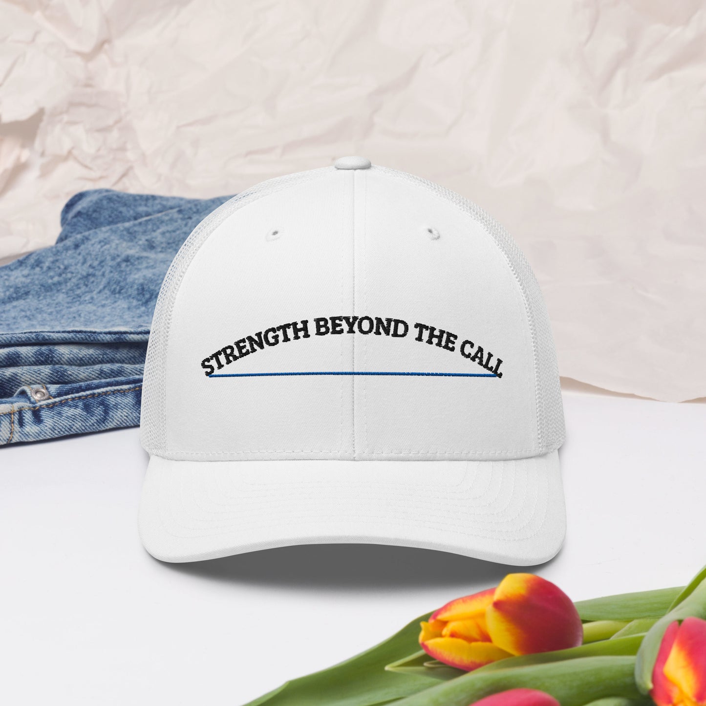 Strength Beyond The Call Blue Line Curved Logo Embroidered Snapback Hat – PTSD Awareness | Revival Unleashed-Revival Unleashed