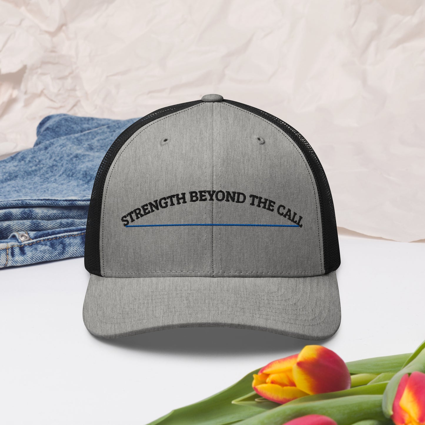 Strength Beyond The Call Blue Line Curved Logo Embroidered Snapback Hat – PTSD Awareness | Revival Unleashed-Revival Unleashed