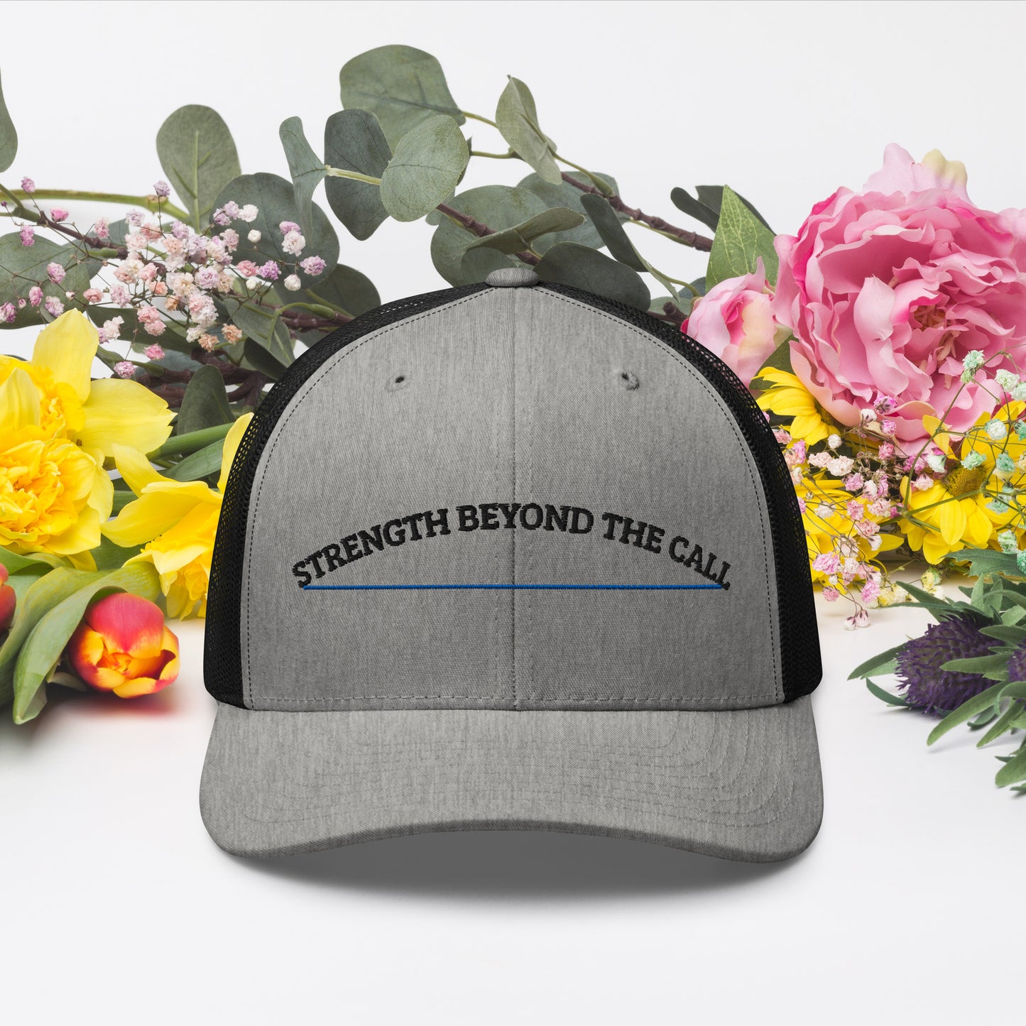 Strength Beyond The Call Blue Line Curved Logo Embroidered Snapback Hat – PTSD Awareness | Revival Unleashed-Revival Unleashed
