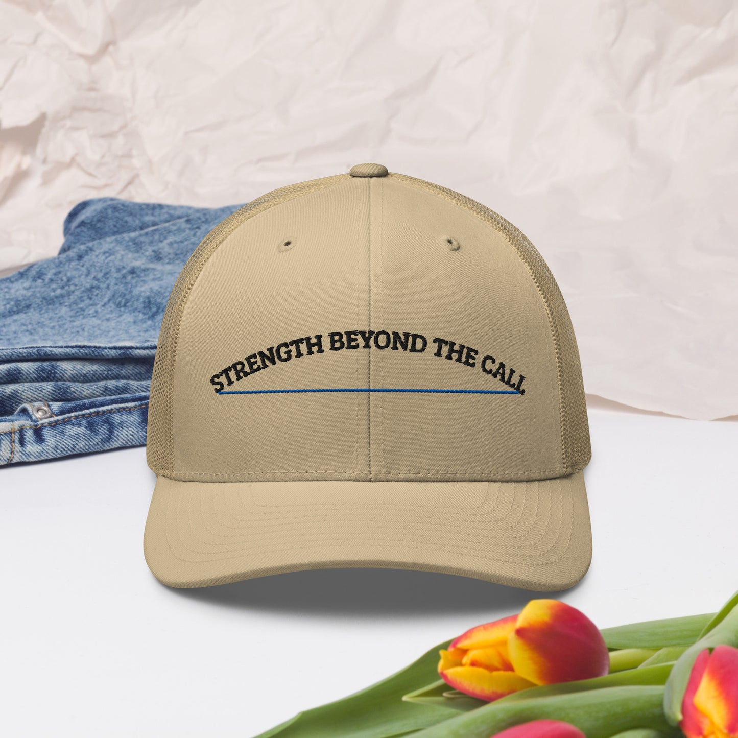 Strength Beyond The Call Blue Line Curved Logo Embroidered Snapback Hat – PTSD Awareness | Revival Unleashed-Revival Unleashed