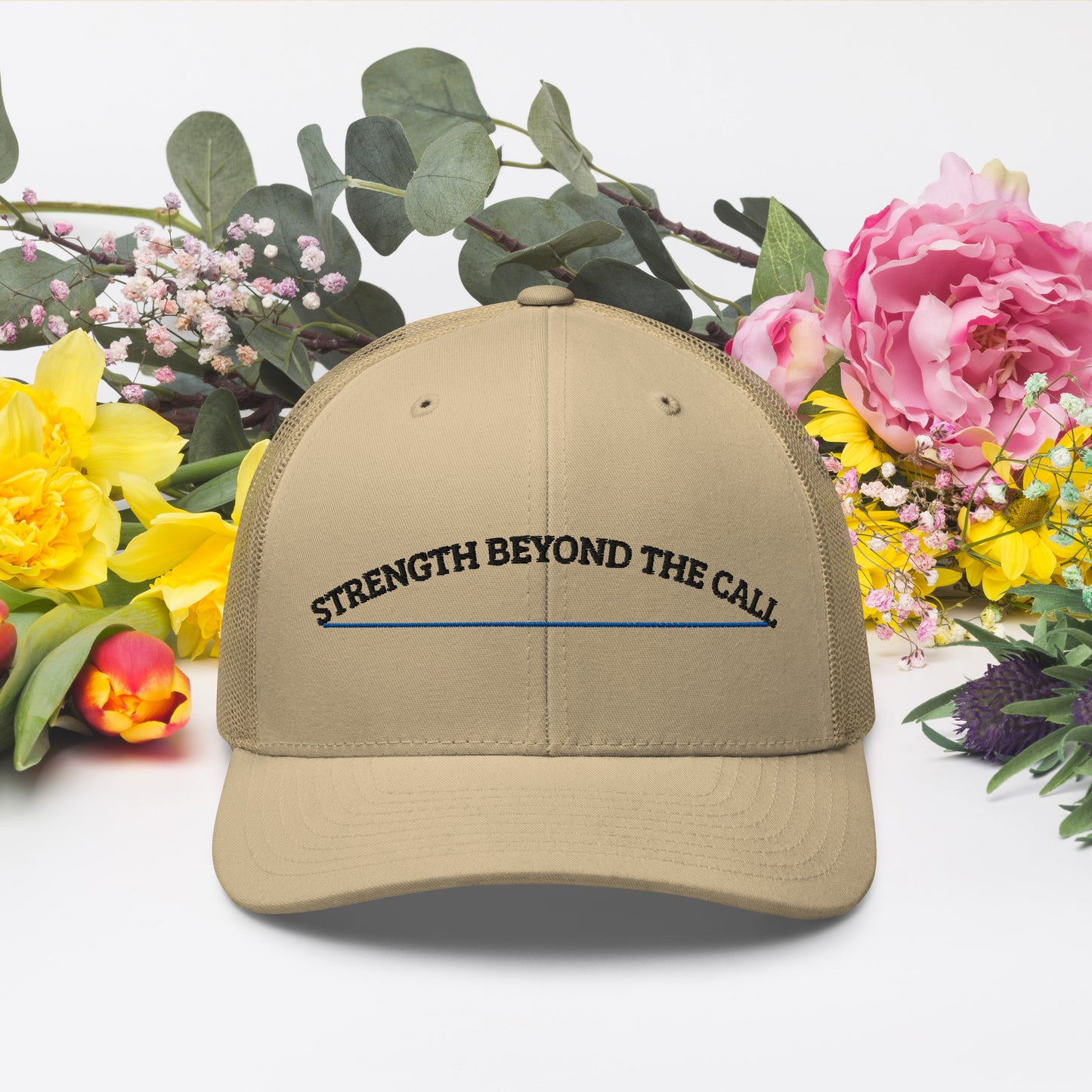 Strength Beyond The Call Blue Line Curved Logo Embroidered Snapback Hat – PTSD Awareness | Revival Unleashed-Revival Unleashed