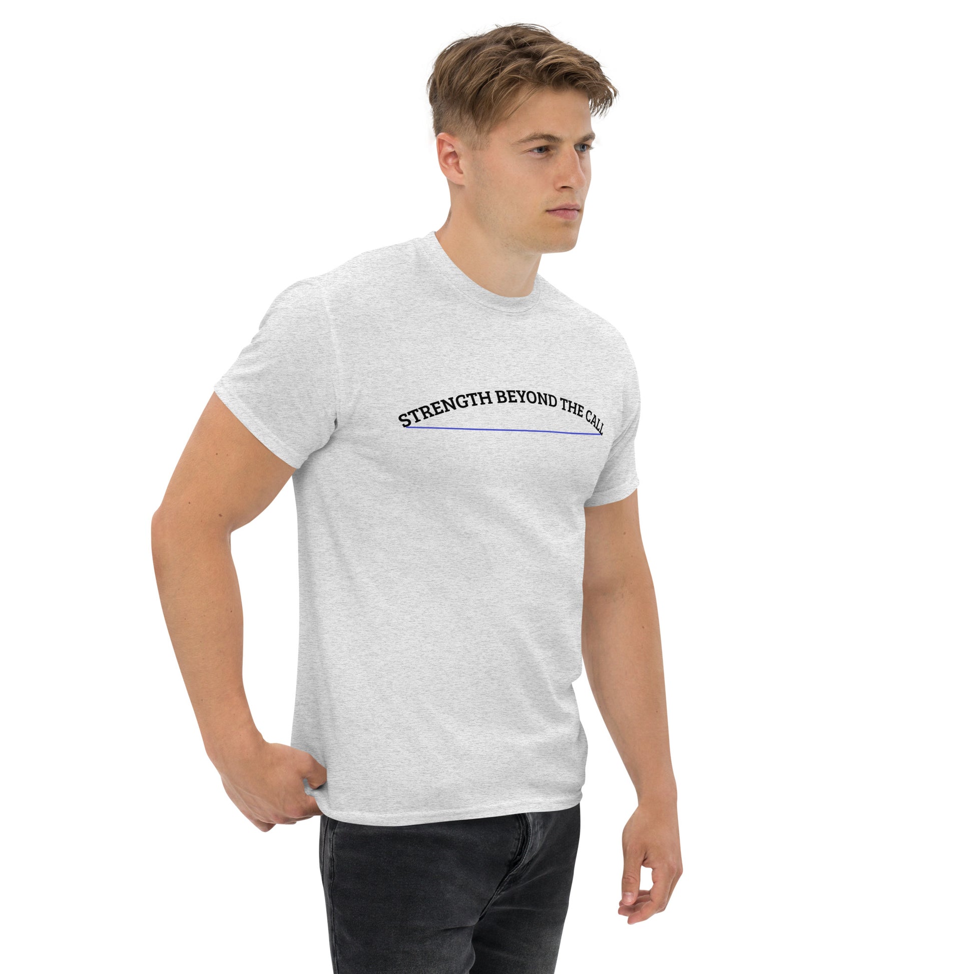 Strength Beyond The Call Blue Line Curved Logo Classic T-Shirt – Law Enforcement PTSD Awareness | Revival Unleashed-Revival Unleashed