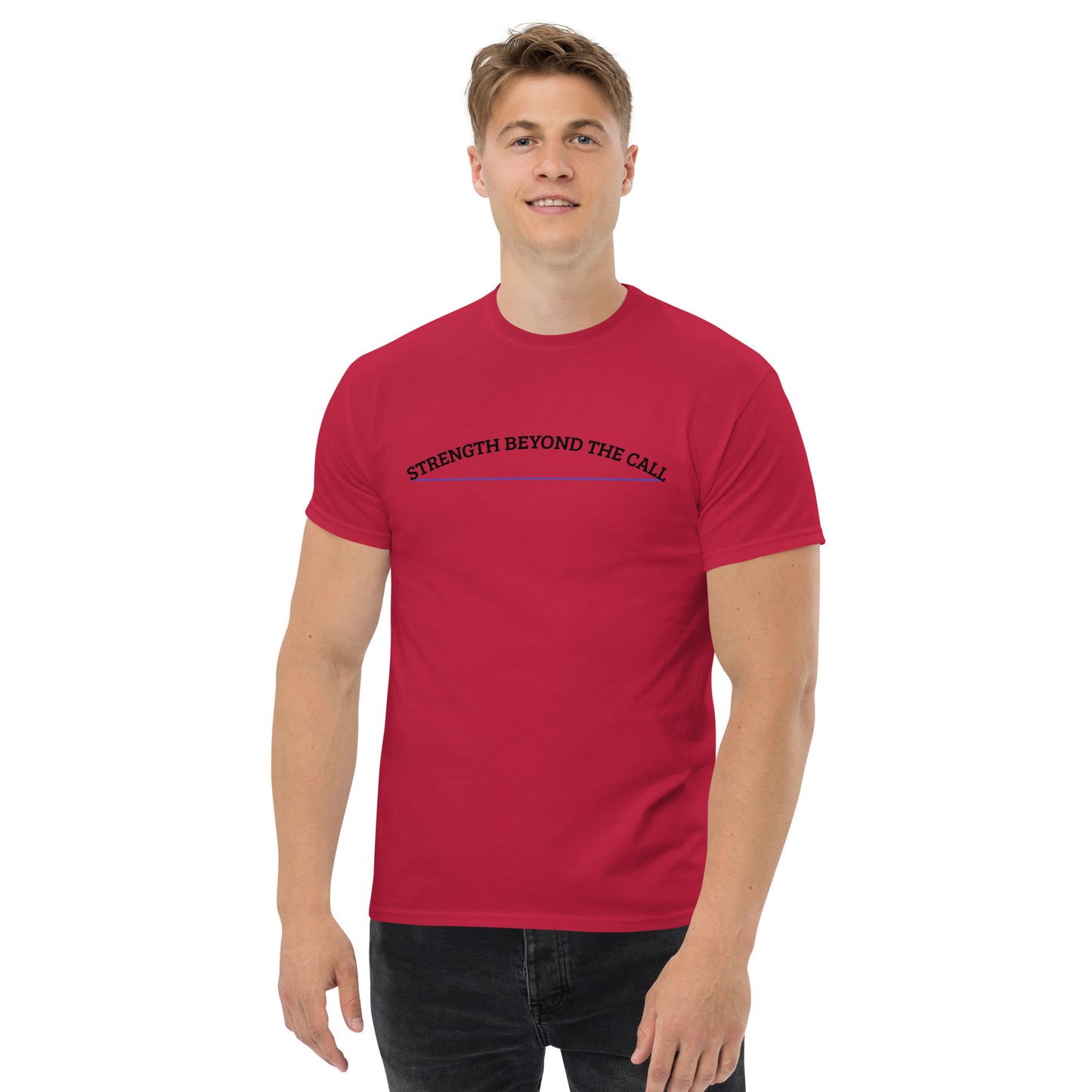 Strength Beyond The Call Blue Line Curved Logo Classic T-Shirt – Law Enforcement PTSD Awareness | Revival Unleashed-Revival Unleashed