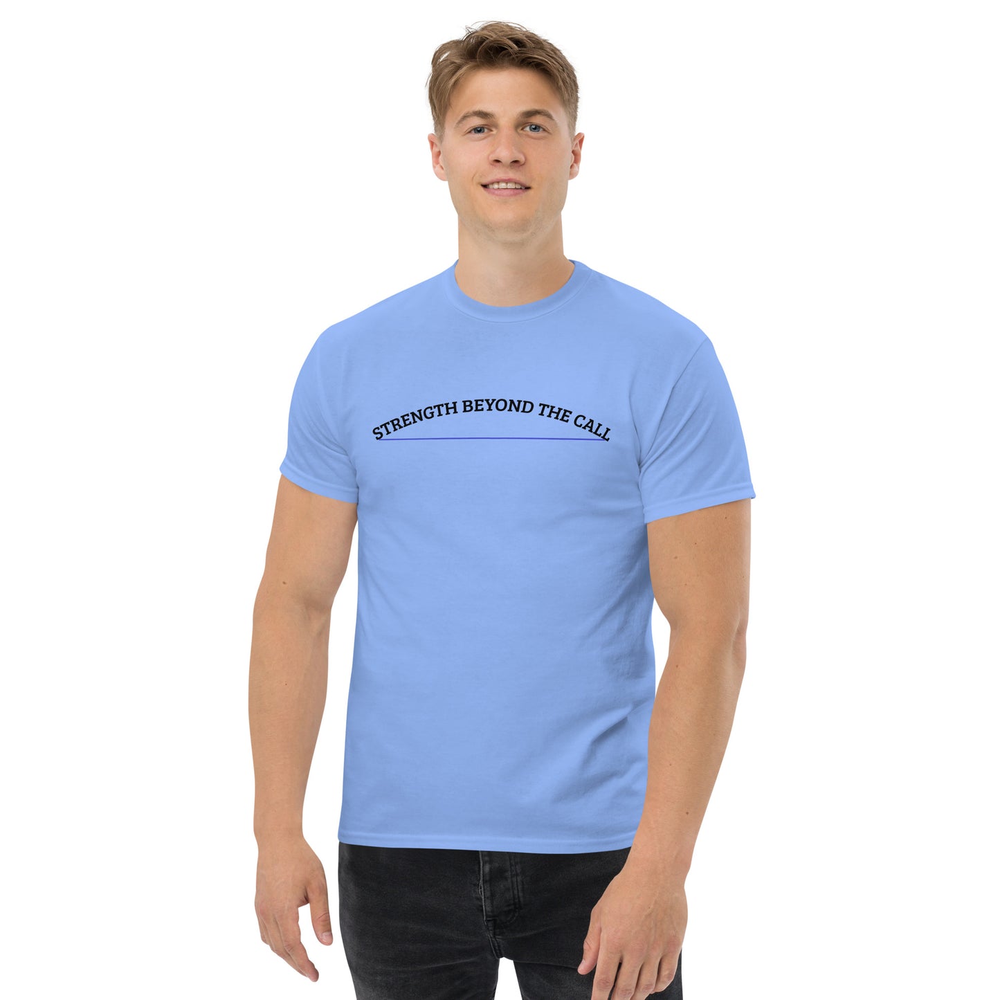 Strength Beyond The Call Blue Line Curved Logo Classic T-Shirt – Law Enforcement PTSD Awareness | Revival Unleashed-Revival Unleashed