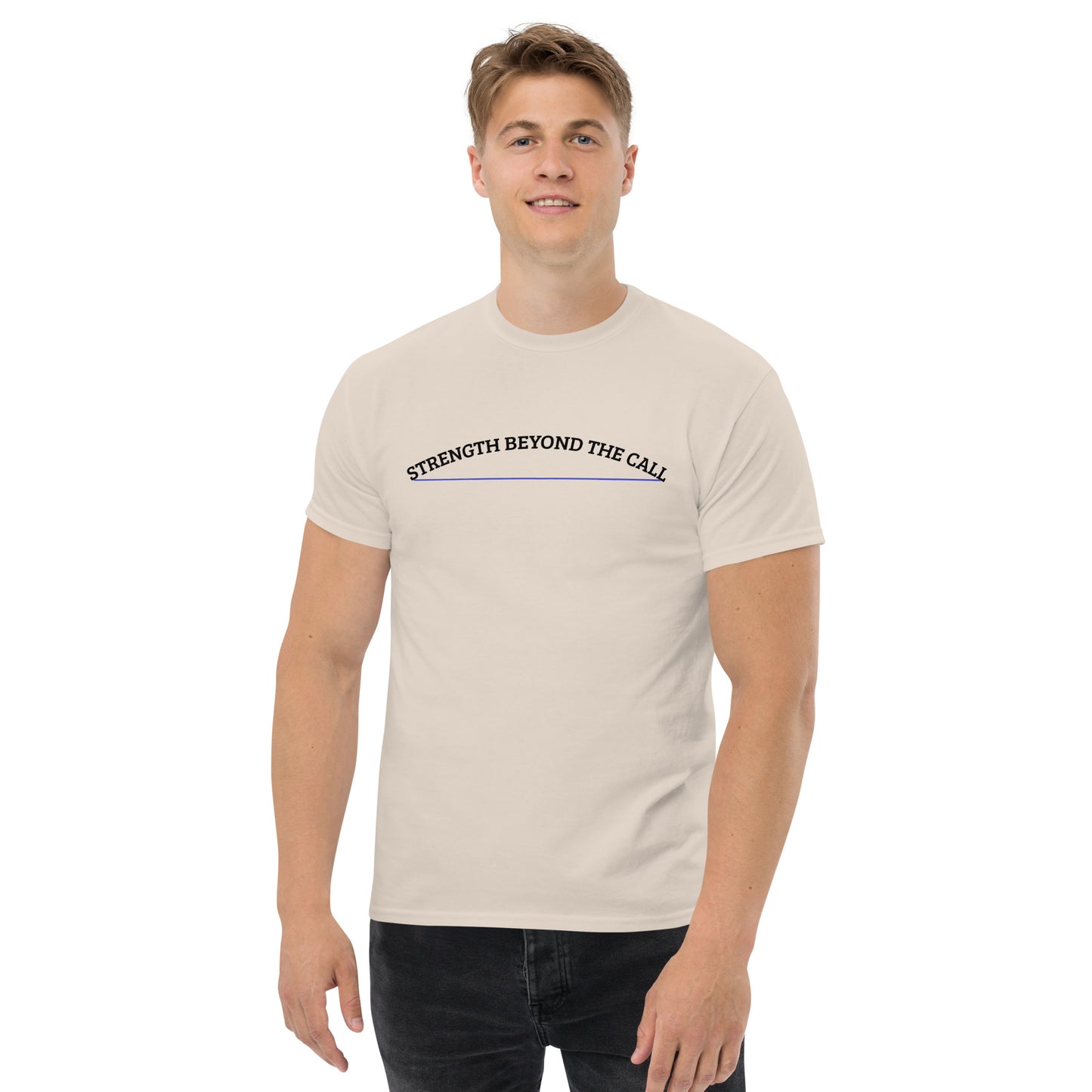 Strength Beyond The Call Blue Line Curved Logo Classic T-Shirt – Law Enforcement PTSD Awareness | Revival Unleashed-Revival Unleashed