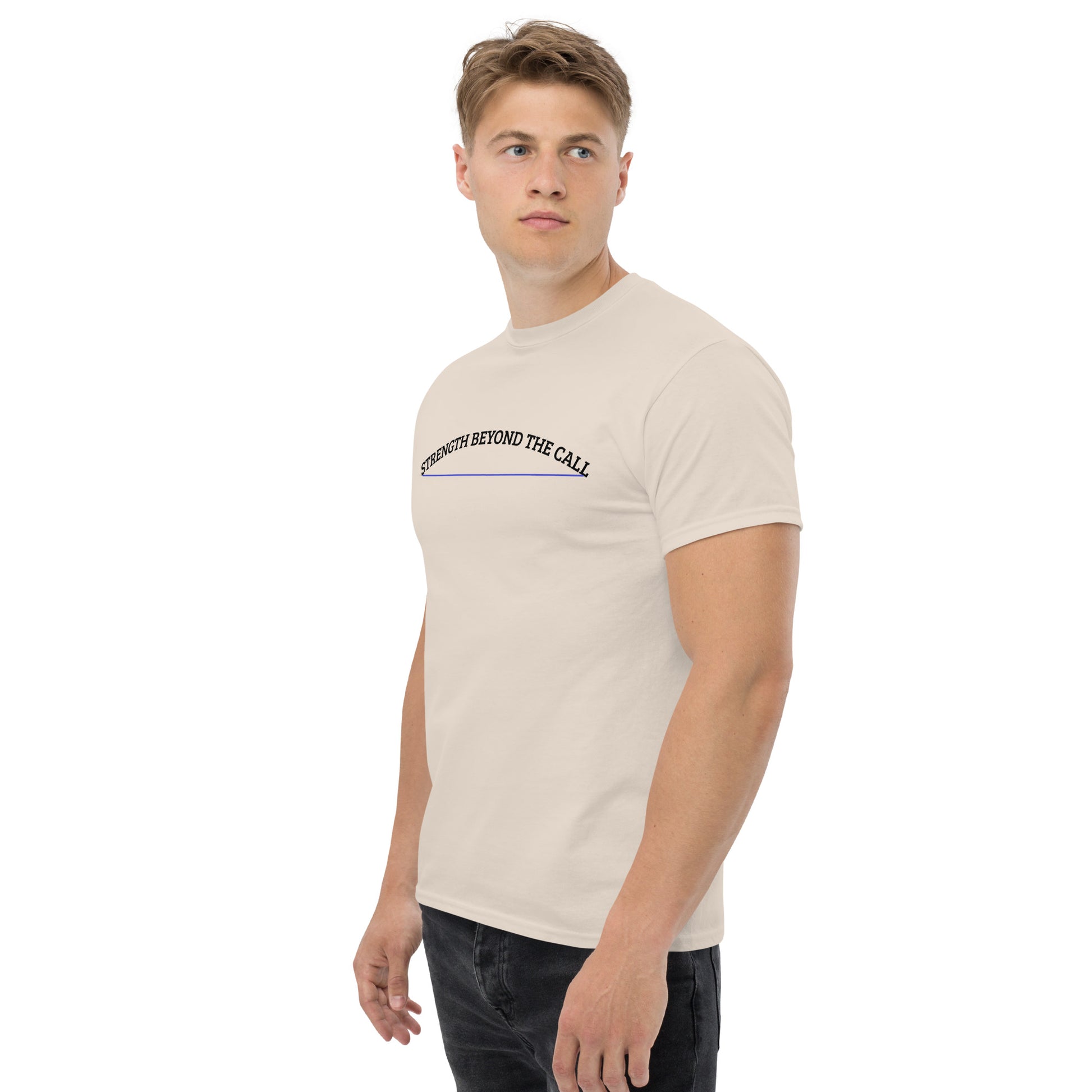 Strength Beyond The Call Blue Line Curved Logo Classic T-Shirt – Law Enforcement PTSD Awareness | Revival Unleashed-Revival Unleashed