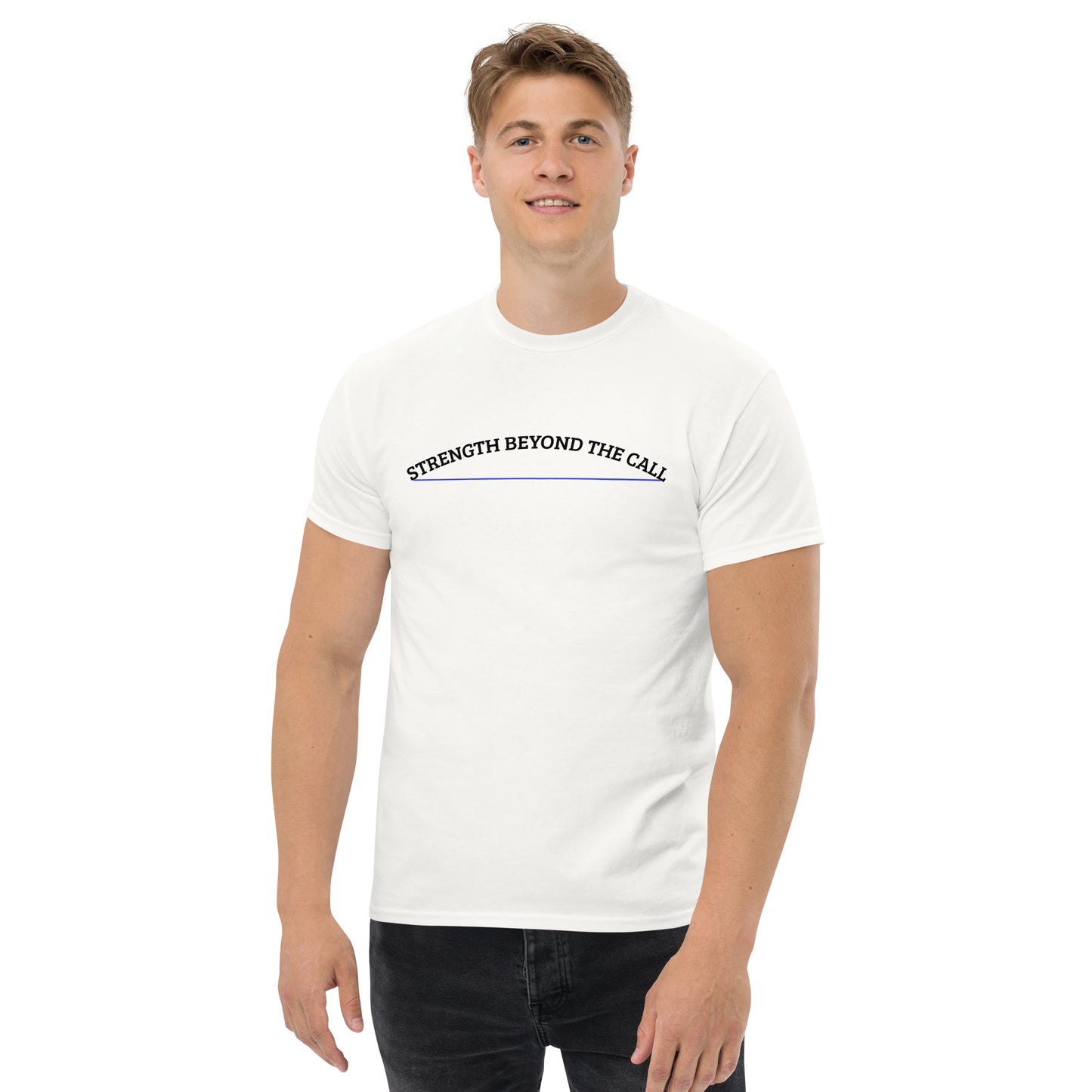 Strength Beyond The Call Blue Line Curved Logo Classic T-Shirt – Law Enforcement PTSD Awareness | Revival Unleashed-Revival Unleashed