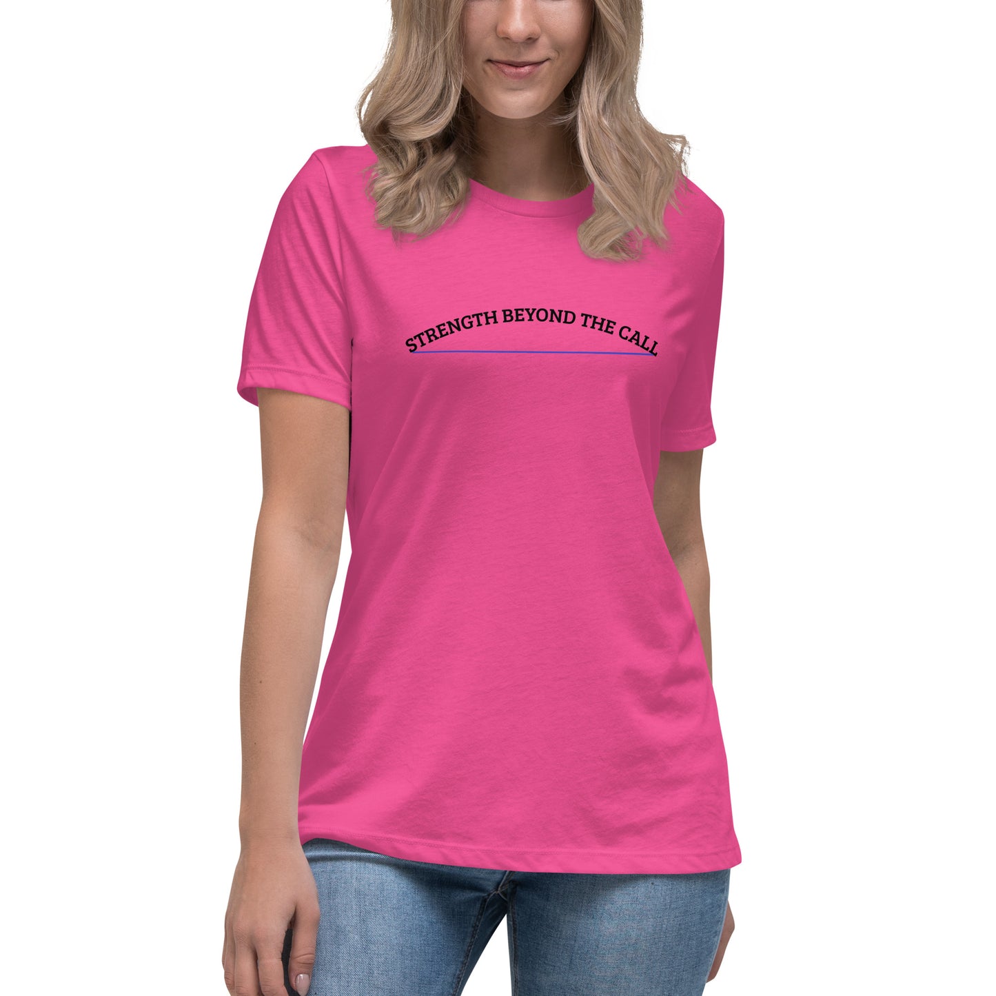 Strength Beyond The Call Blue Line Curved Logo Women’s T-Shirt – Law Enforcement PTSD Awareness | Revival Unleashed-Revival Unleashed