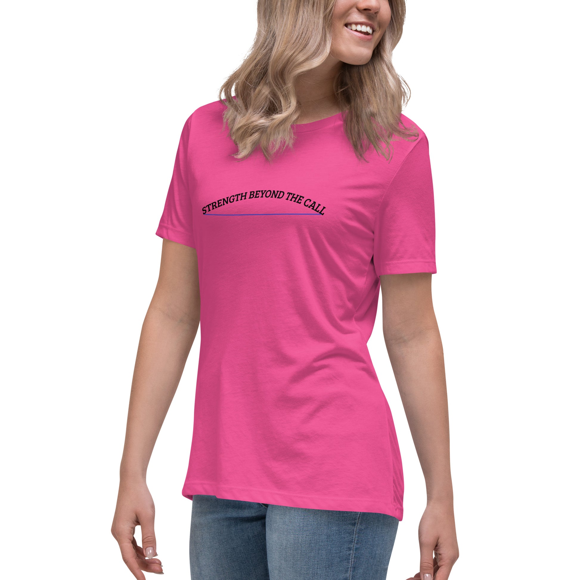 Strength Beyond The Call Blue Line Curved Logo Women’s T-Shirt – Law Enforcement PTSD Awareness | Revival Unleashed-Revival Unleashed