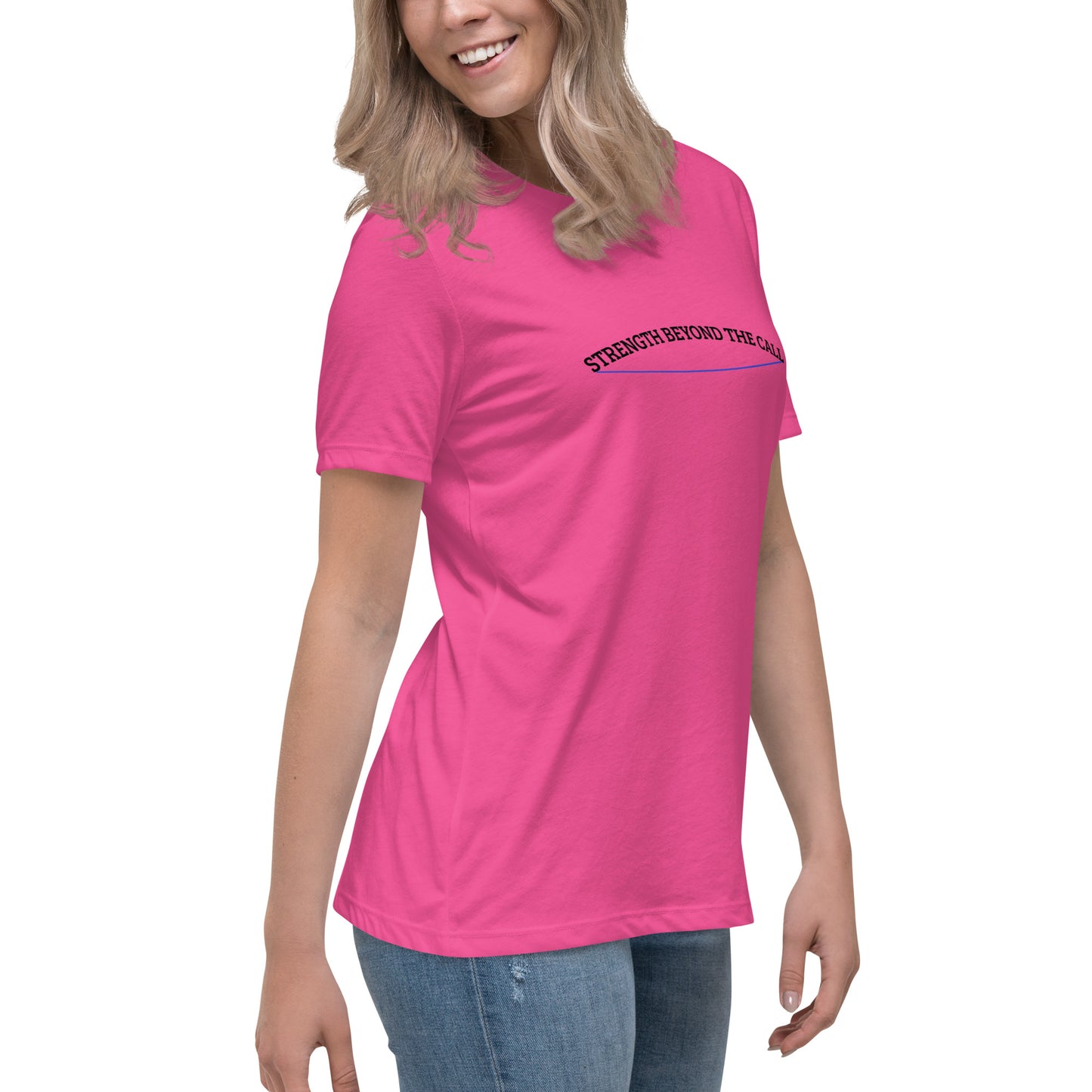 Strength Beyond The Call Blue Line Curved Logo Women’s T-Shirt – Law Enforcement PTSD Awareness | Revival Unleashed-Revival Unleashed