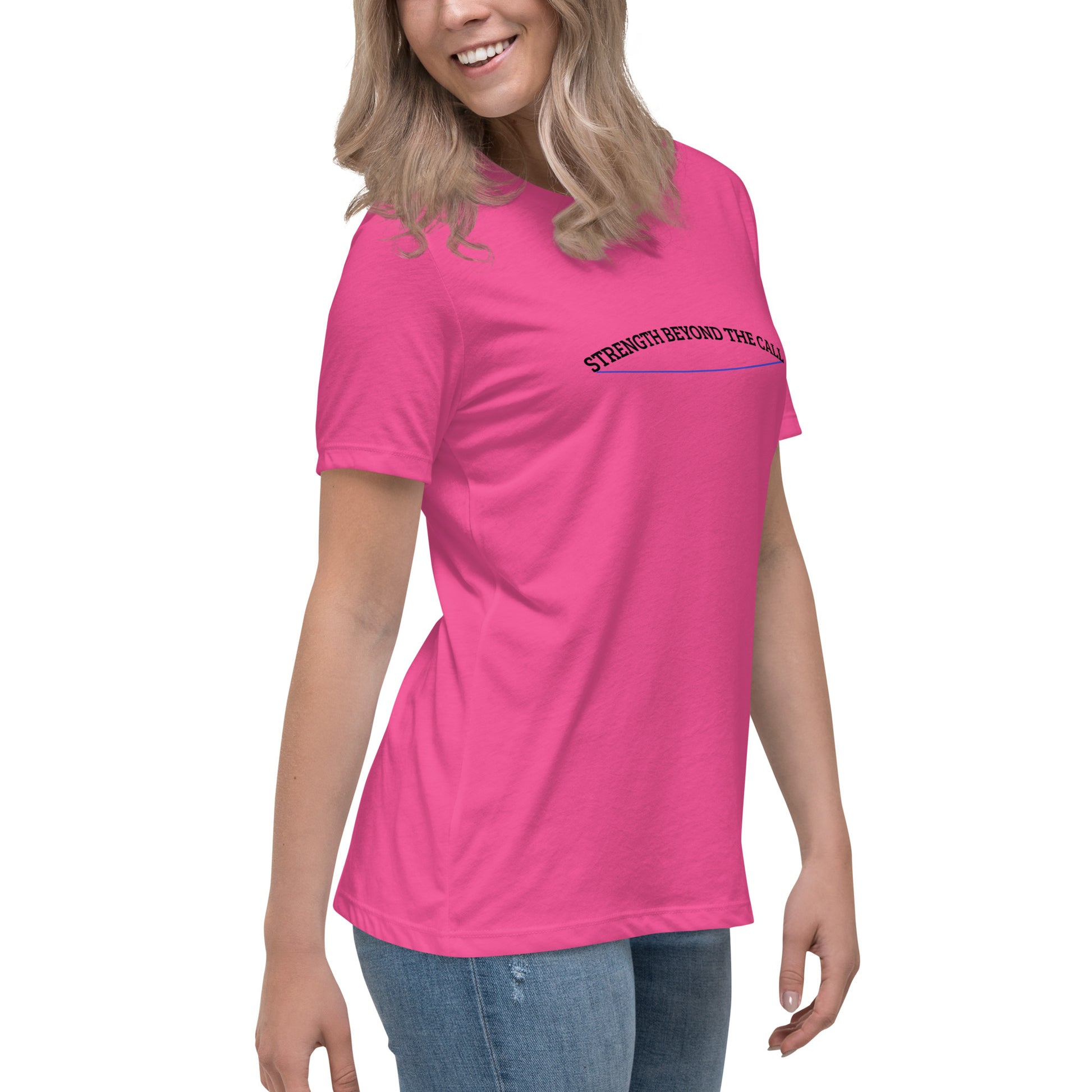 Strength Beyond The Call Blue Line Curved Logo Women’s T-Shirt – Law Enforcement PTSD Awareness | Revival Unleashed-Revival Unleashed