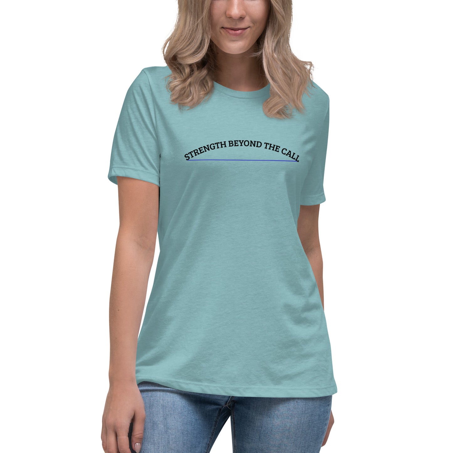 Strength Beyond The Call Blue Line Curved Logo Women’s T-Shirt – Law Enforcement PTSD Awareness | Revival Unleashed-Revival Unleashed