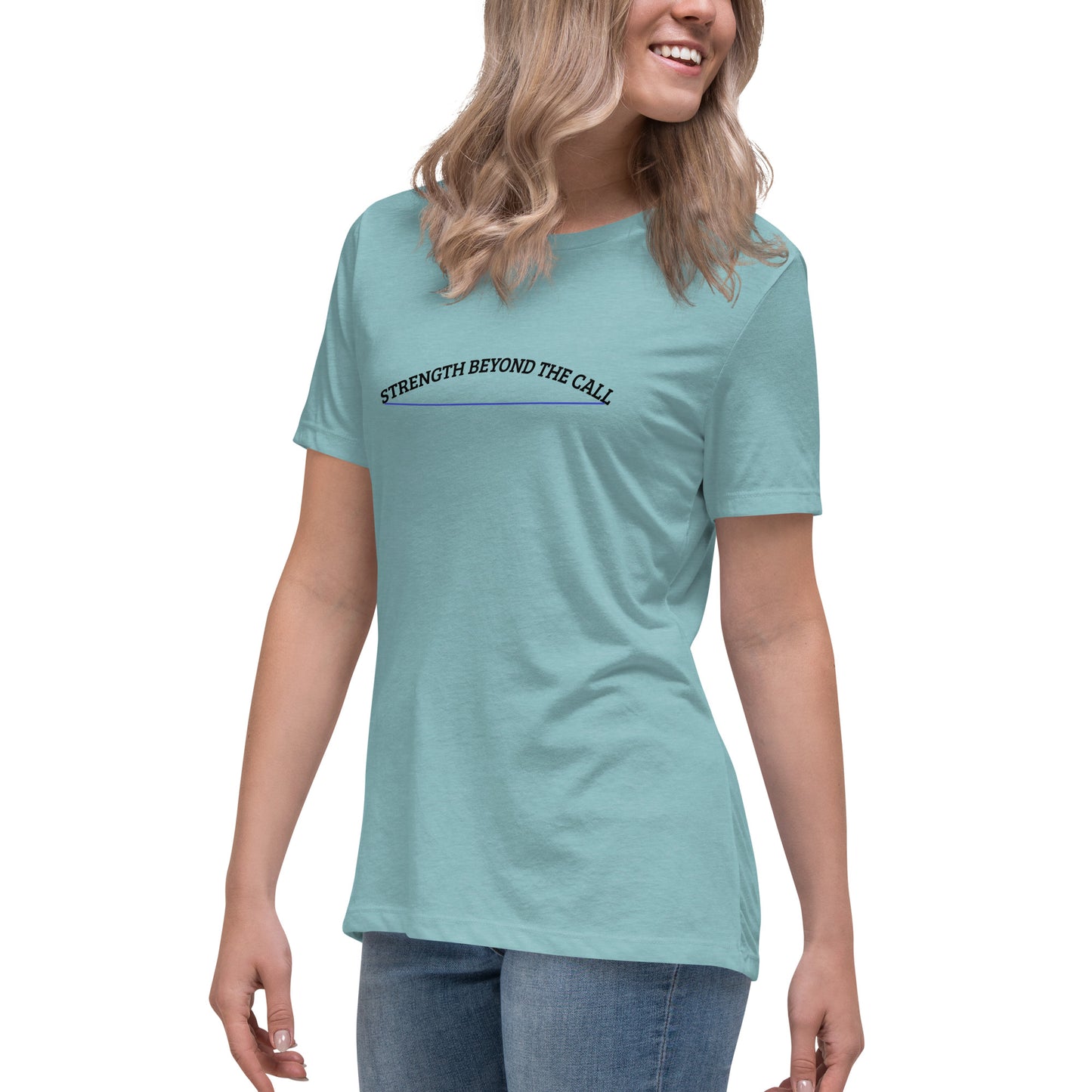 Strength Beyond The Call Blue Line Curved Logo Women’s T-Shirt – Law Enforcement PTSD Awareness | Revival Unleashed-Revival Unleashed