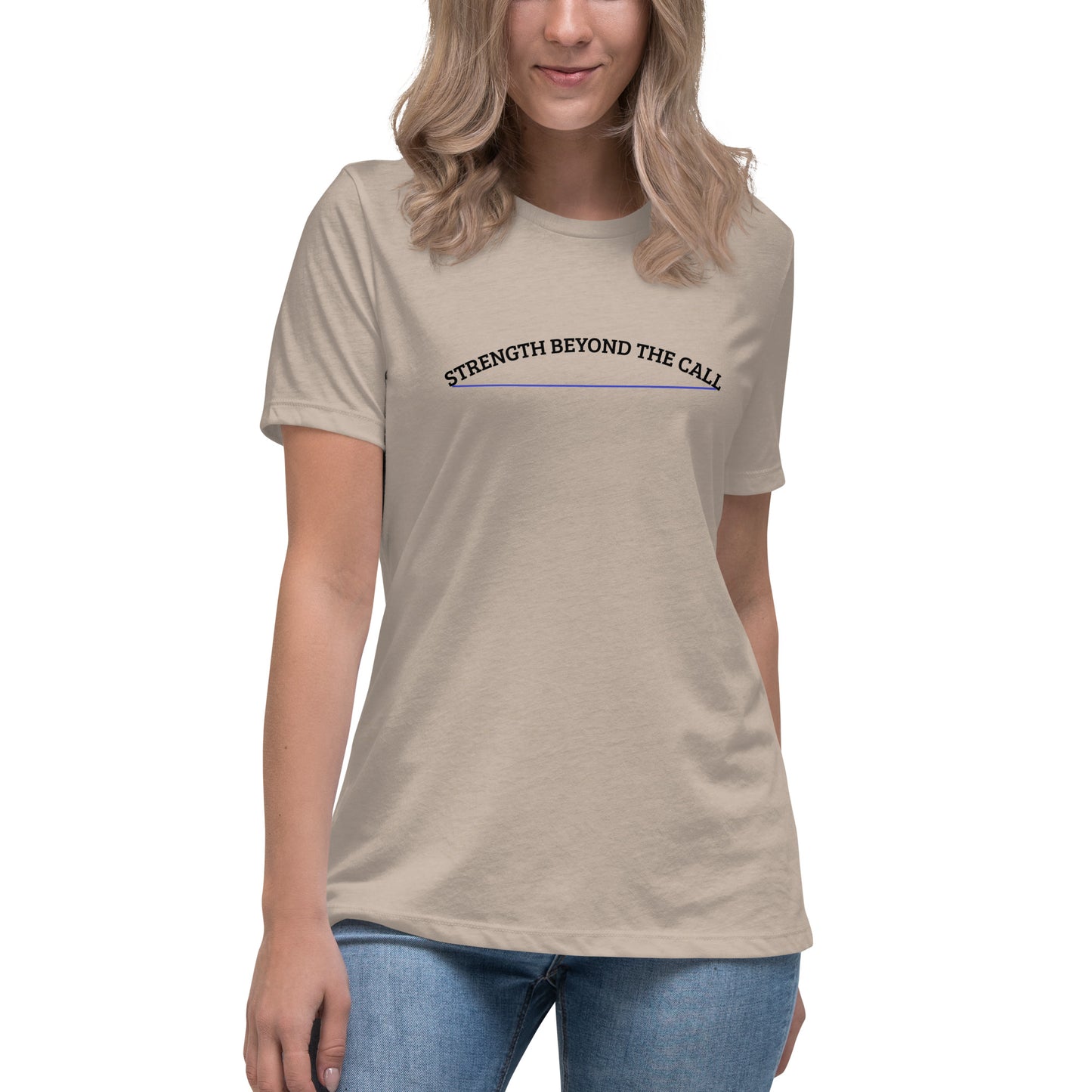Strength Beyond The Call Blue Line Curved Logo Women’s T-Shirt – Law Enforcement PTSD Awareness | Revival Unleashed-Revival Unleashed