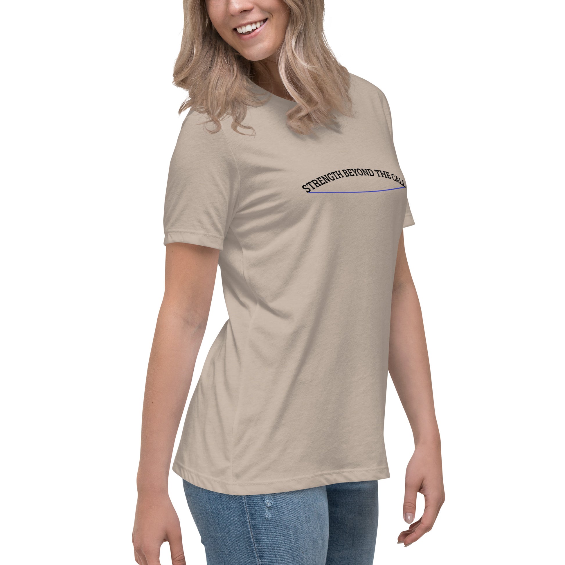 Strength Beyond The Call Blue Line Curved Logo Women’s T-Shirt – Law Enforcement PTSD Awareness | Revival Unleashed-Revival Unleashed