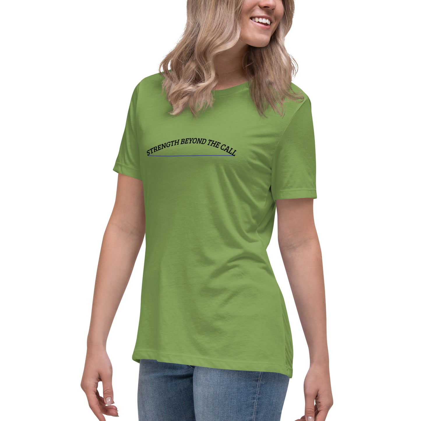 Strength Beyond The Call Blue Line Curved Logo Women’s T-Shirt – Law Enforcement PTSD Awareness | Revival Unleashed-Revival Unleashed