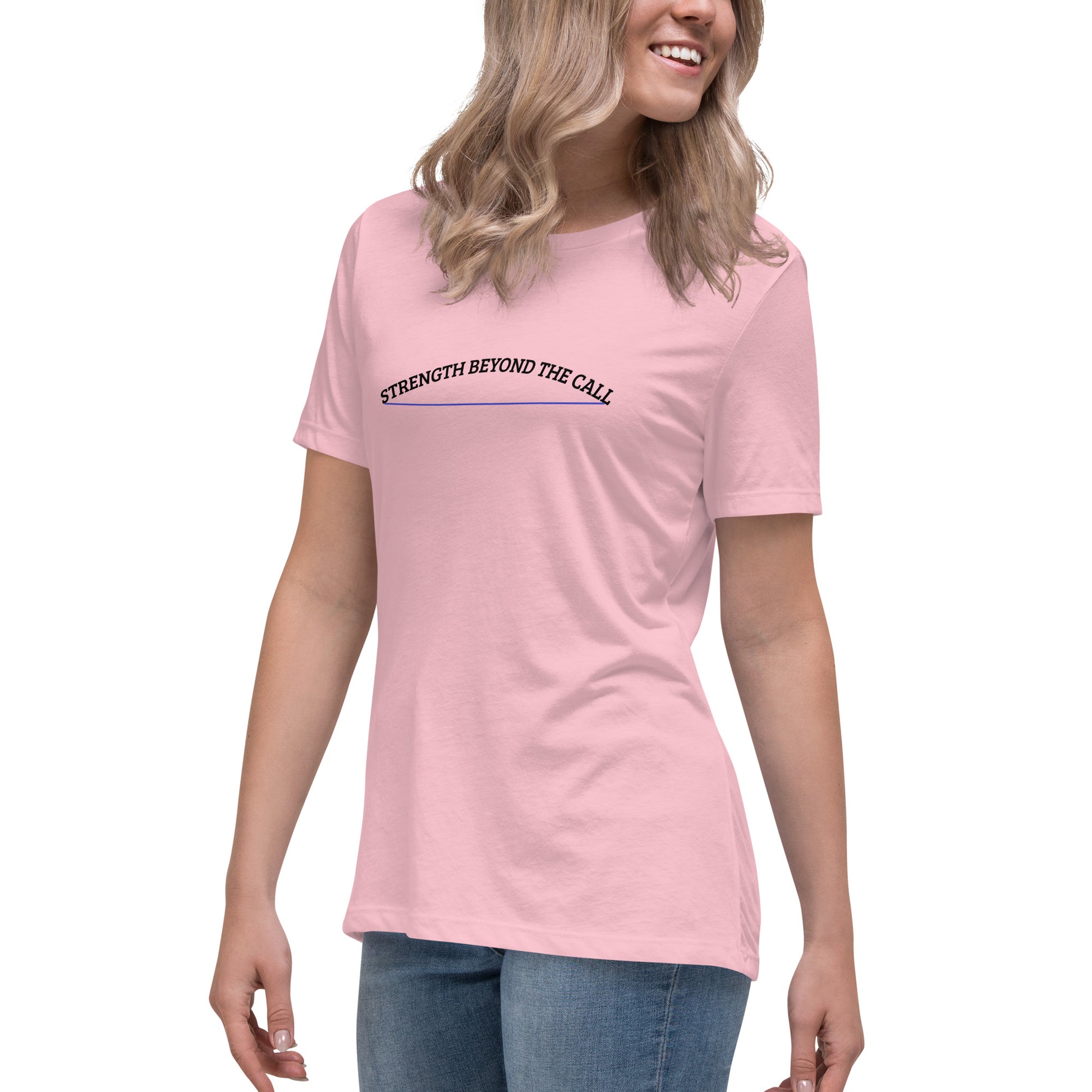 Strength Beyond The Call Blue Line Curved Logo Women’s T-Shirt – Law Enforcement PTSD Awareness | Revival Unleashed-Revival Unleashed