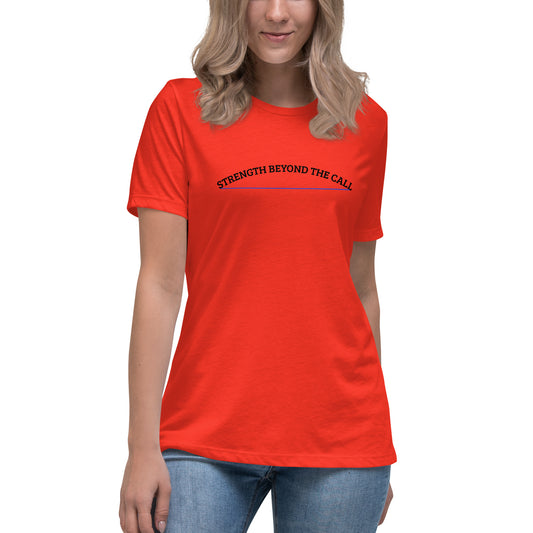Strength Beyond The Call Blue Line Curved Logo Women’s T-Shirt – Law Enforcement PTSD Awareness | Revival Unleashed-Revival Unleashed