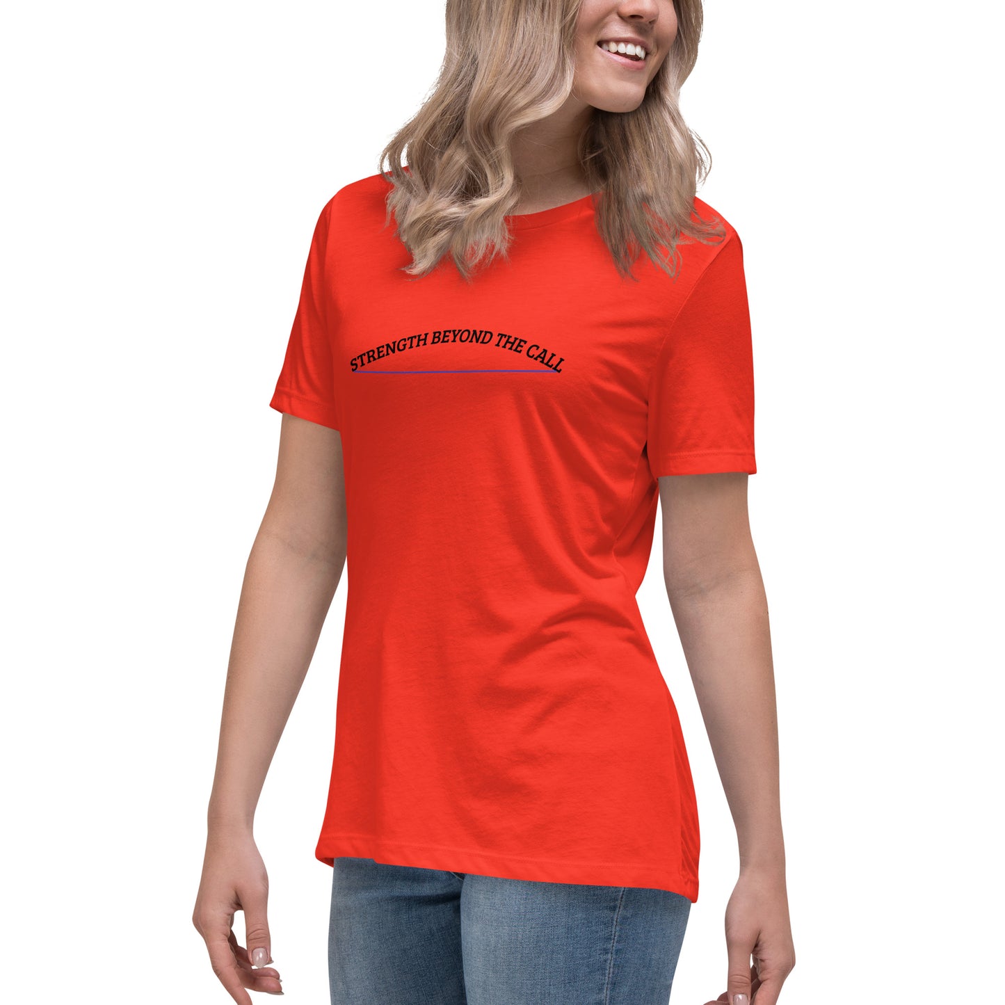 Strength Beyond The Call Blue Line Curved Logo Women’s T-Shirt – Law Enforcement PTSD Awareness | Revival Unleashed-Revival Unleashed