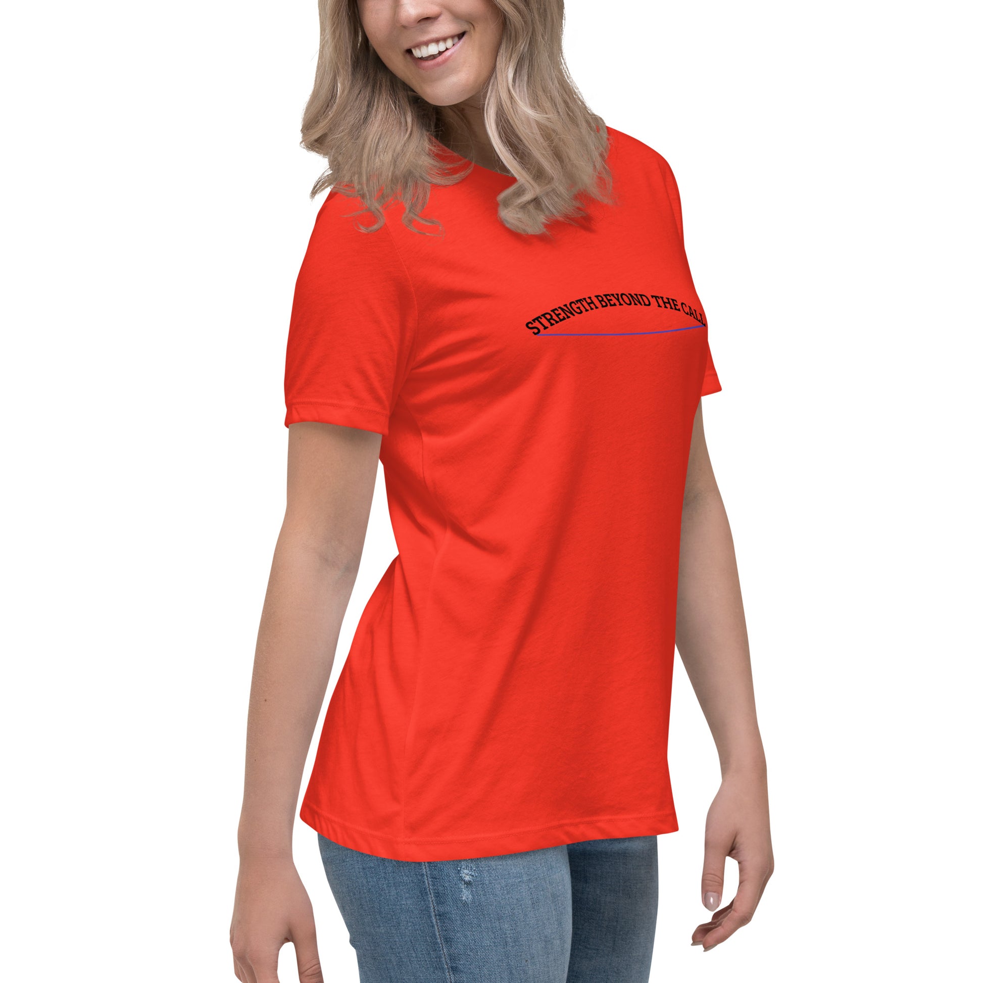 Strength Beyond The Call Blue Line Curved Logo Women’s T-Shirt – Law Enforcement PTSD Awareness | Revival Unleashed-Revival Unleashed