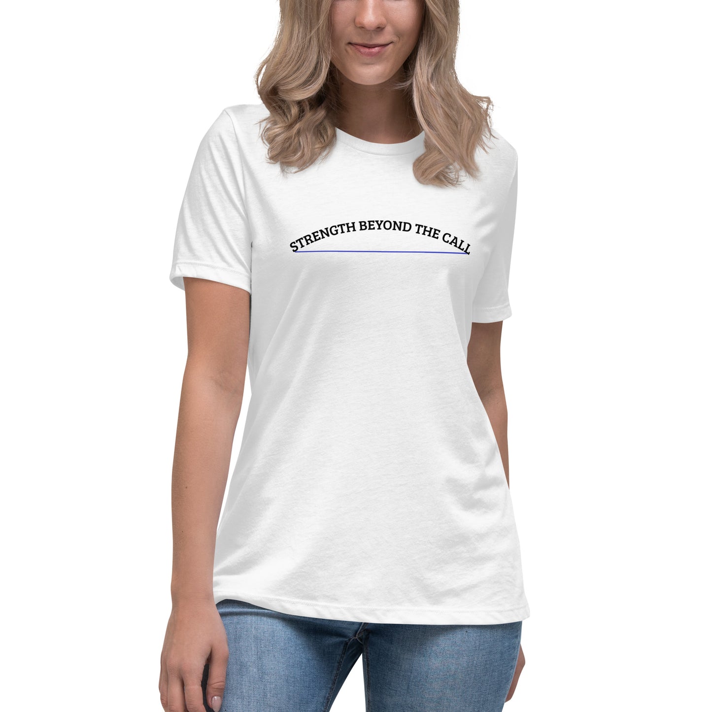 Strength Beyond The Call Blue Line Curved Logo Women’s T-Shirt – Law Enforcement PTSD Awareness | Revival Unleashed-Revival Unleashed