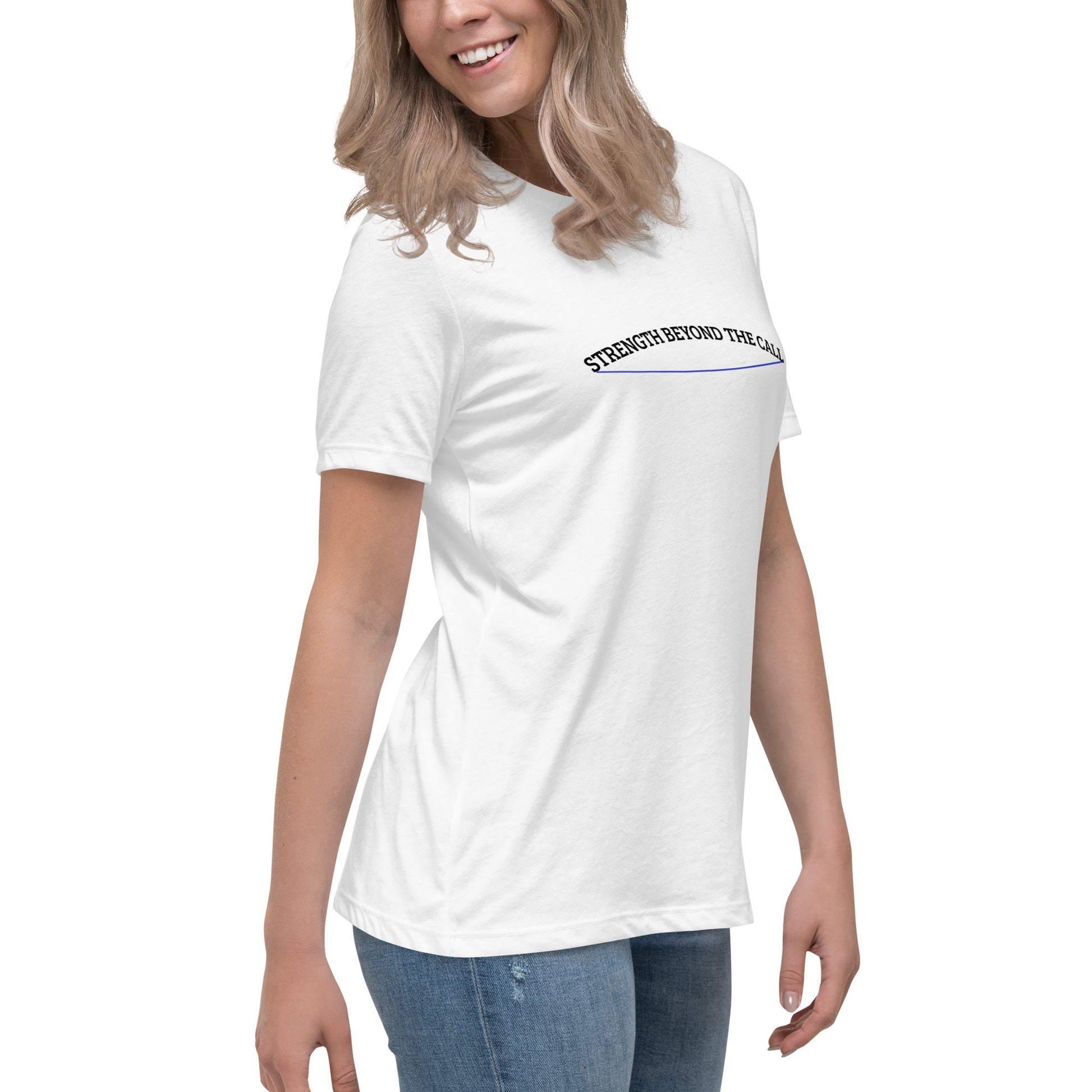 Strength Beyond The Call Blue Line Curved Logo Women’s T-Shirt – Law Enforcement PTSD Awareness | Revival Unleashed-Revival Unleashed
